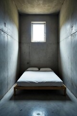 A stark, minimalist bedroom cell; bare concrete walls, a thin mattress on the floor, a single small window high up The feeling is one of confinement and isolation , austere, architecture, prison