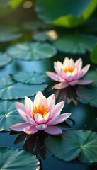 Serene Water Lilies Floating on Calm Water Sunlight Dapples Peaceful Pond Surface - Perfect for Spa, Relaxation, and Wellness Imagery