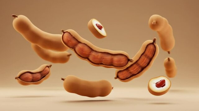Slow motion floating tamarind pods opening to reveal glossy seeds in neutral background