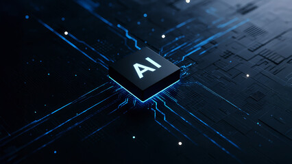 A 3D rendering of an AI chip on a circuit board, symbolizing technological advancement and the integration of artificial intelligence.