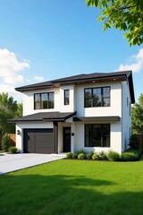 A newly constructed suburban home showcases modern architectural design with a clean, crisp exterior Large windows, a pitched roof, and a neatly landscaped lawn are visible , house, garage