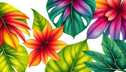 Vibrant tropical Hawaiian leaves, botanical vector illustrations, isolated on white,  tropical,  leaves