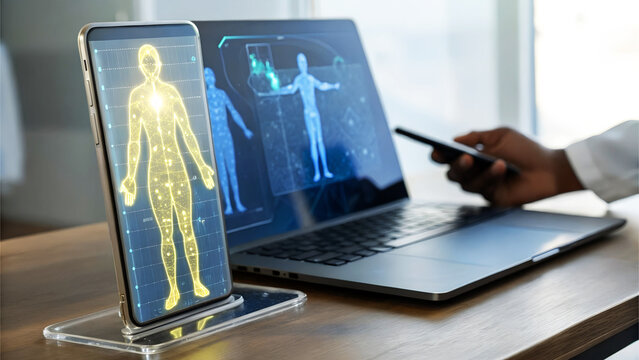 human body scane hologram displaying laptop.
