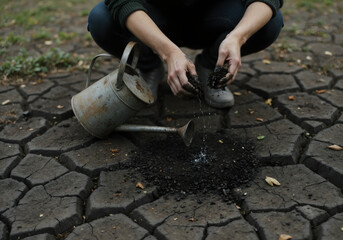 Person Scattering Soil on Cracked Earth with Watering Can