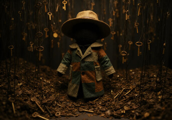 Patchwork Doll and Suspended Keys in Soil