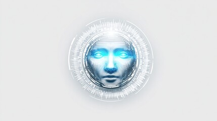 A stylized, metallic human face, eyes glowing bright cyan, is centered within a circular, technological interface on a light gray background