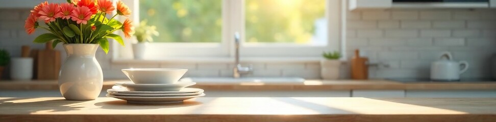 A neatly organized kitchen counter with sparkling clean dishes, fresh flowers in a vase, and a sunbeam illuminating the surface Simple, everyday domestic bliss , household, domestic, countertop