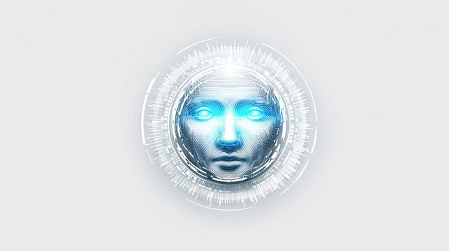 A stylized, metallic human face, eyes glowing bright cyan, is centered within a circular, technological interface on a light gray background - Powered by Adobe
