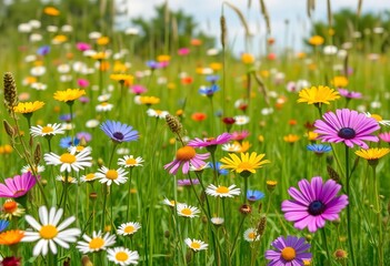 Obraz premium Vibrant summer meadow scene with blooming wildflowers, camomiles, and cornflowers Flat vector illustration, daisies, flowers