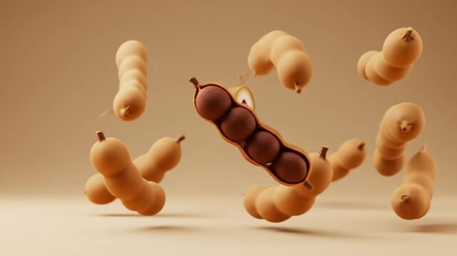 Smooth animated sequence of tamarind pods and seeds rotating in midair against beige background