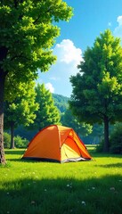 Sunny summer day at a peaceful campsite, lush green trees surround a tent pitched on soft grass, clear blue sky above , landscape, woods