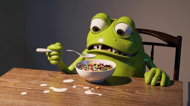 Grenouille cartoon mangeant des c&eacute;r&eacute;ales au petit d&eacute;jeuner