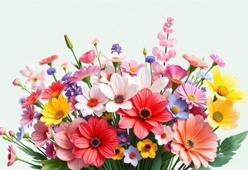 Vibrant spring bouquet, diverse flowers, pastel colors, flat vector illustration, pastel, isolated