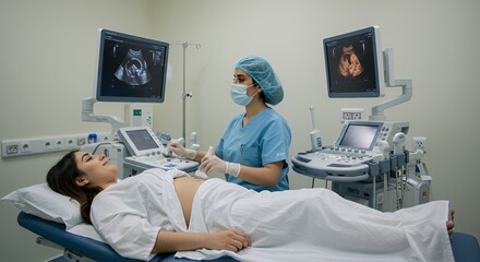 A serene pregnant woman receives a comforting ultrasound examination from a skilled medical professional.