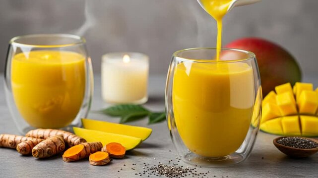Pouring nourishing turmeric mango golden milk with fresh ingredients and warming steam rising