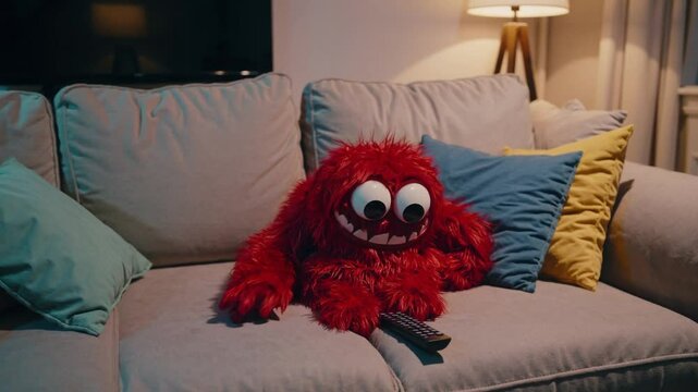 Monstre rouge d&eacute;tendu sur le canap&eacute; devant la t&eacute;l&eacute;vision
