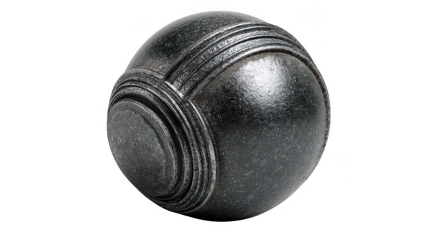 Ornate metal sphere with grooves and textured surface isolated on transparent background - Powered by Adobe