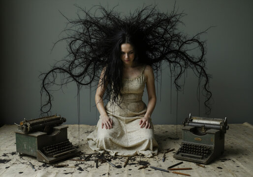 Woman with Tree-like Hair, Typewriters, and Writing Implements