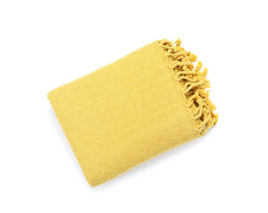 Yellow beach towel isolated on white, top view