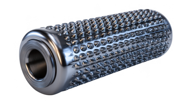 Shiny metal cylinder with textured surface isolated on transparent background
