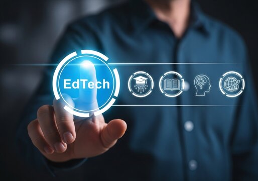 Education technology concept. Innovative online e-learning, webinar, knowledge, online training courses and skill development. Person touching EdTech icon on virtual screen.