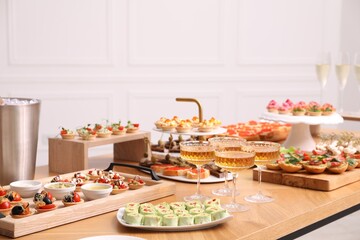 Buffet menu. Many different appetizers on table, closeup. Space for text