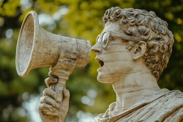 Stone statue of a person with curly hair and glasses shouting into a megaphone, set outdoors with blurred green foliage in the background.