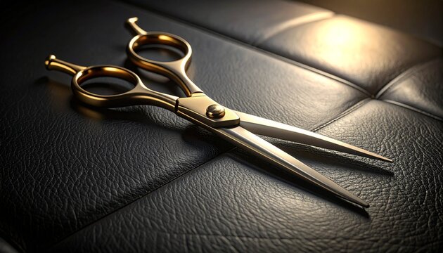 Shining Scissors on leather: A sleek pair of golden scissors, meticulously crafted for precision, rests elegantly against a luxurious black leather backdrop, capturing a sense of artistry and skill.