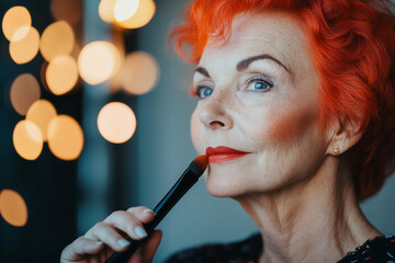 Obraz premium A mature woman with vibrant red hair applies lipstick in front of blurred warm lights, showcasing a confident and stylish appearance.