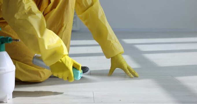 Pest control worker in protective suit spraying insecticide at cockroaches indoors, closeup