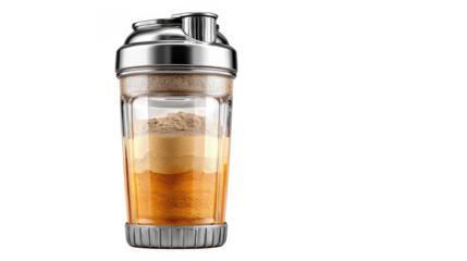 Protein powder shaker bottle with layered ingredients isolated on transparent background