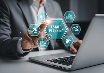 Estate Planning concept. Planning for transfer of assets and Inheritance tax. Businessman using laptop with estate planning icons on virtual screen.