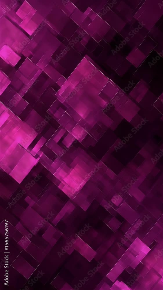 Poster abstract background of overlapping magenta squares with digital noise and geometric patterns on a da