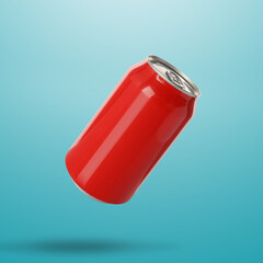 Red aluminum can in air on light blue gradient background