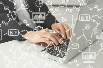 Woman working on laptop at table, closeup. Scheme with icons on virtual screen