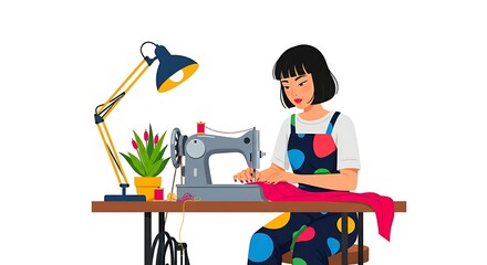 Fototapeta premium Woman sewing with a vintage sewing machine under a lamp on a wooden table with a plant nearby