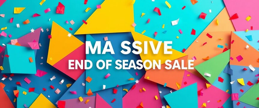 Vibrant geometric shapes & confetti celebrating a massive end-of-season sale,  celebration,  banner design - Powered by Adobe