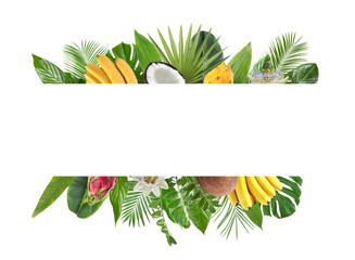 Fresh tropical fruits, flowers and green leaves on white background. Space for text