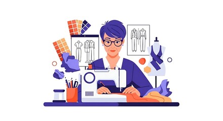 Woman fashion designer at sewing machine with sketches and color palettes in a bright studio space