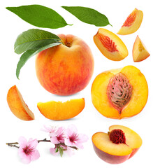 Ripe juicy peaches, blossoms and green leaves on white background, collage