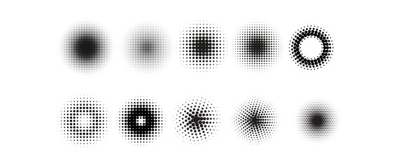 Halftone gradient circles collection. Dots textured round patterns. comic radial faded background set. Abstract pixelated elements for frame, poster, collage, banner, flyer. Vector cartoon bundle © Selviana