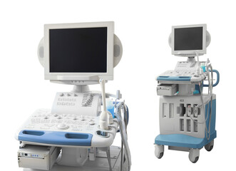 Ultrasound machine isolated on white, collage. Medical equipment