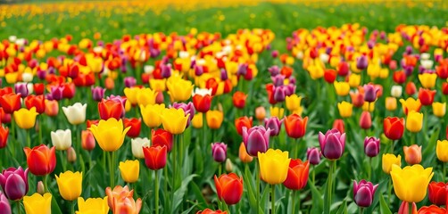 Vibrant field of multicolored tulips in a lush green meadow, stunning landscape,  vector illustration,  vibrant