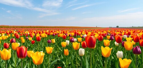 Vibrant field of multicolored tulips blooming in a lush green meadow under a bright sky,  green,  colorful