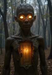Clay Figure with Illuminated Door in Forest Setting