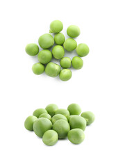 Fresh green peas isolated on white, collage. Top and side view