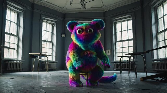  Cr&eacute;ature arc-en-ciel en peluche dans une salle de classe abandonn&eacute;e