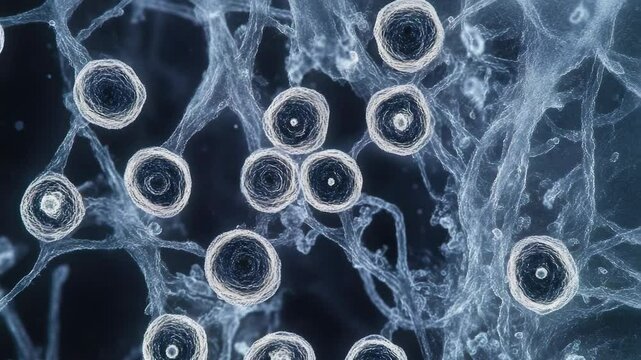 Microscopic view of bacterial cells, showing a complex cell structure and a group of cells in close proximity.