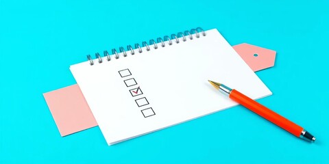 Vibrant checklist notepad with pen on bright blue background; home office productivity scene,  home office, checklist