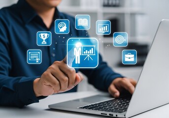 Training concept, Education, coaching, teaching, knowledge, development, learning, experience, and skills. Businessman using laptop with training icons on virtual screen.